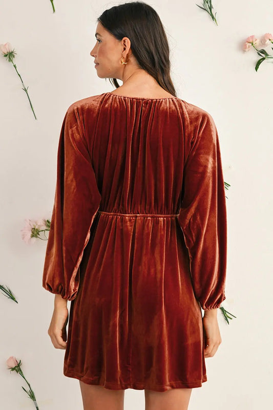Terracotta Red Brown Clay Elastic V Neck Puff Sleeve Flowy Velvet Dress Shewin