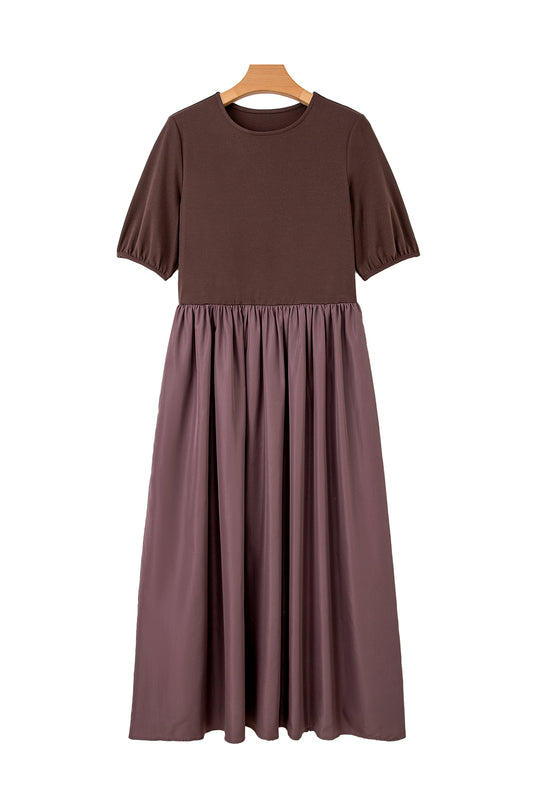 Coffee Knit Top Patchwork Pleated Half Sleeve Long Dress