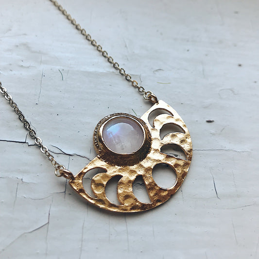Yugen Handmade Pendant • Moon Goddess Necklace - Moon Phases & Rainbow Moonstone