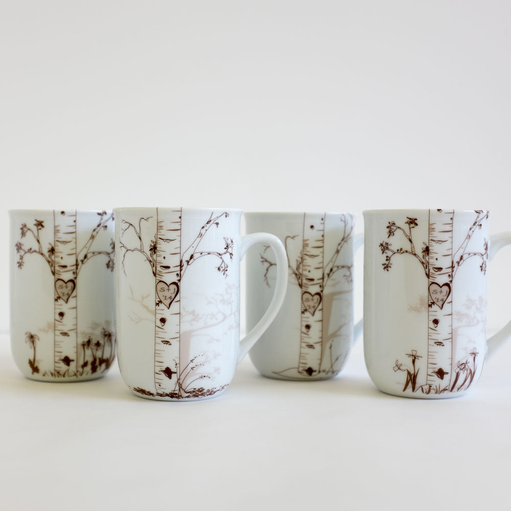 Personalized Ceramic Birch Mug Set – Custom Initials in Heart Design rust designs