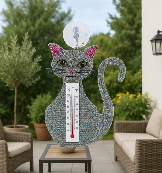 Handmade Cat Window Thermometer – Haitian Artisan Outdoor Décor.