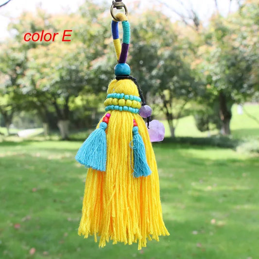 Boho DIY Handmade Colorful Yarn Tassels Keychains Bulk Ornament With Raw Healing Amethyst Crystal Stone for Bag Decoration