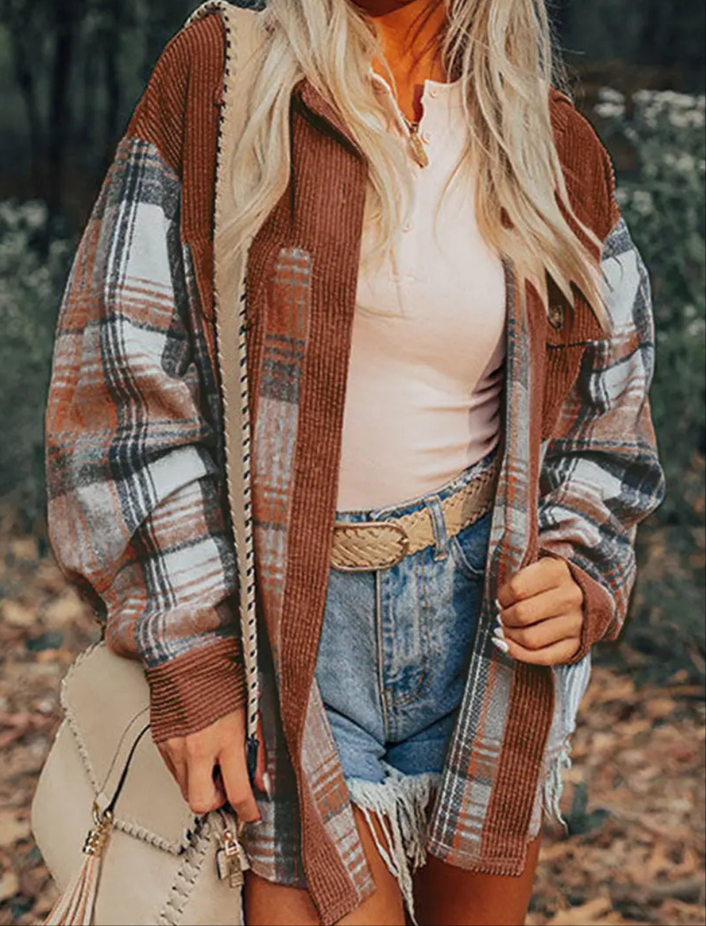 Cinnamon Plaid Corduroy Patchwork Pocket Loose Shacket Shewin