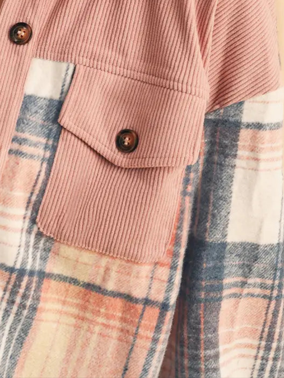 Cinnamon Plaid Corduroy Patchwork Pocket Loose Shacket Shewin
