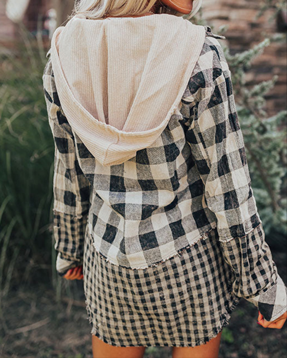 Black Plaid Patchwork Drawstring Hooded Raw Hem Shacket Shewin