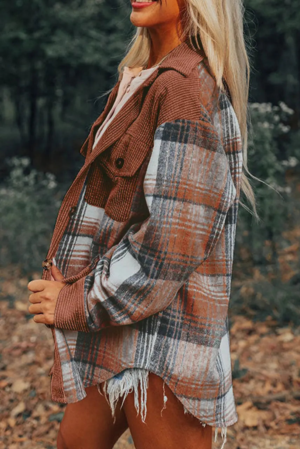 Cinnamon Plaid Corduroy Patchwork Pocket Loose Shacket Shewin