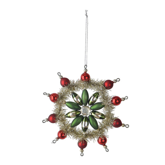 Vintage Style Glass & Tinsel Snowflake Ornament GREEN Quirks!