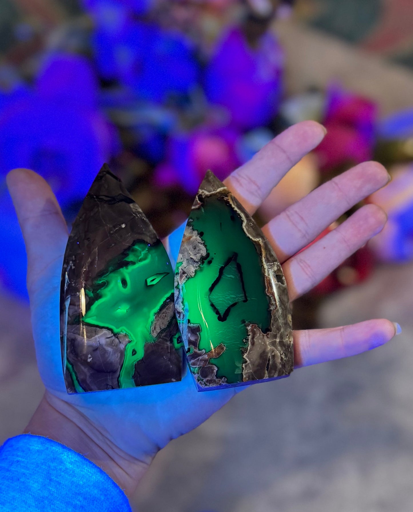 Volcano Agate Teardrop Freeform, UV Fluorescent Green Crystals