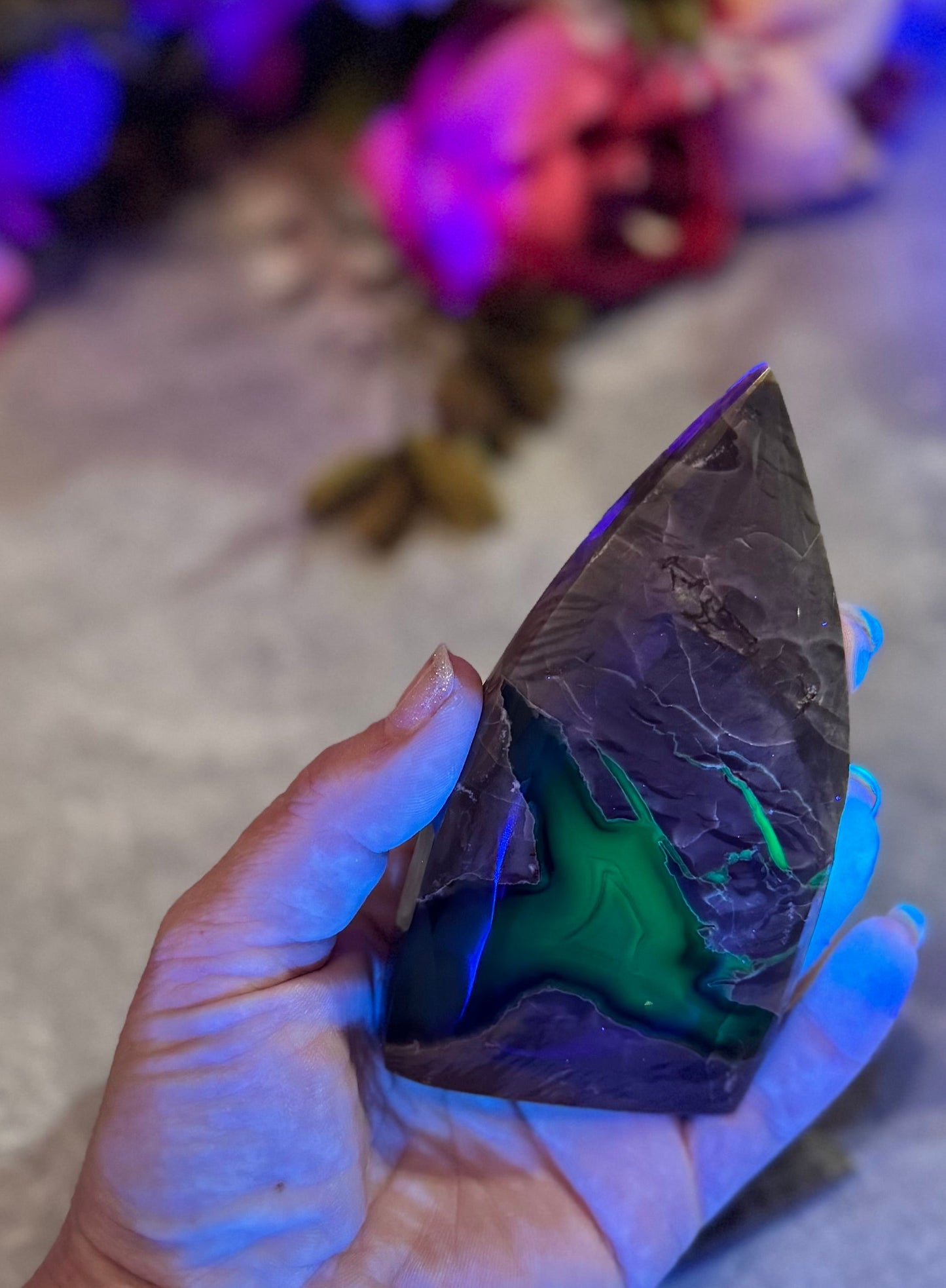 Volcano Agate Teardrop Freeform, UV Fluorescent Green Crystals