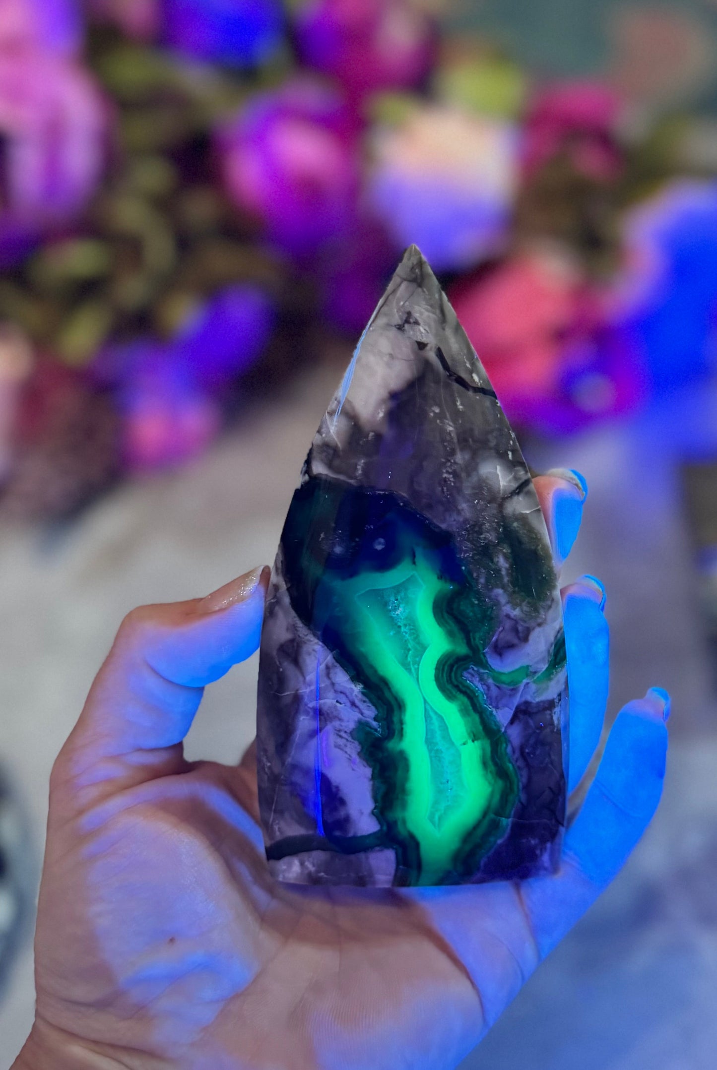 Volcano Agate Teardrop Freeform, UV Fluorescent Green Crystals