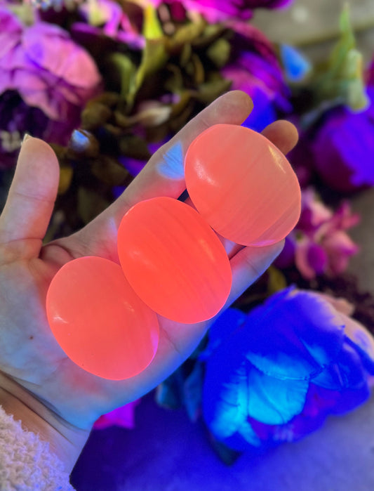 Pink Calcite Palm Stones, UV Reactive, Glows Pink, Fluorescent Minerals Mandala Gems