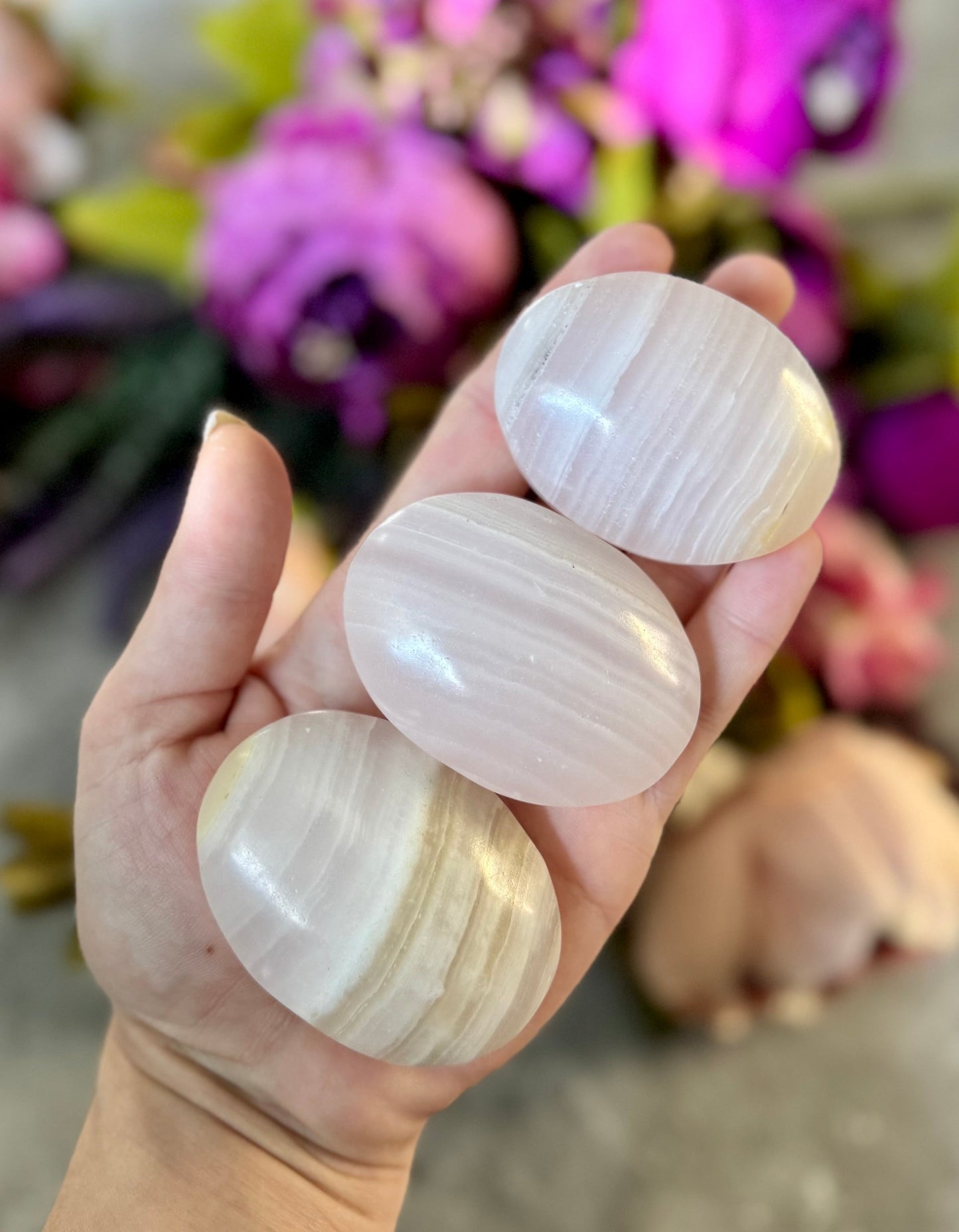 Pink Calcite Palm Stones, UV Reactive, Glows Pink, Fluorescent Minerals