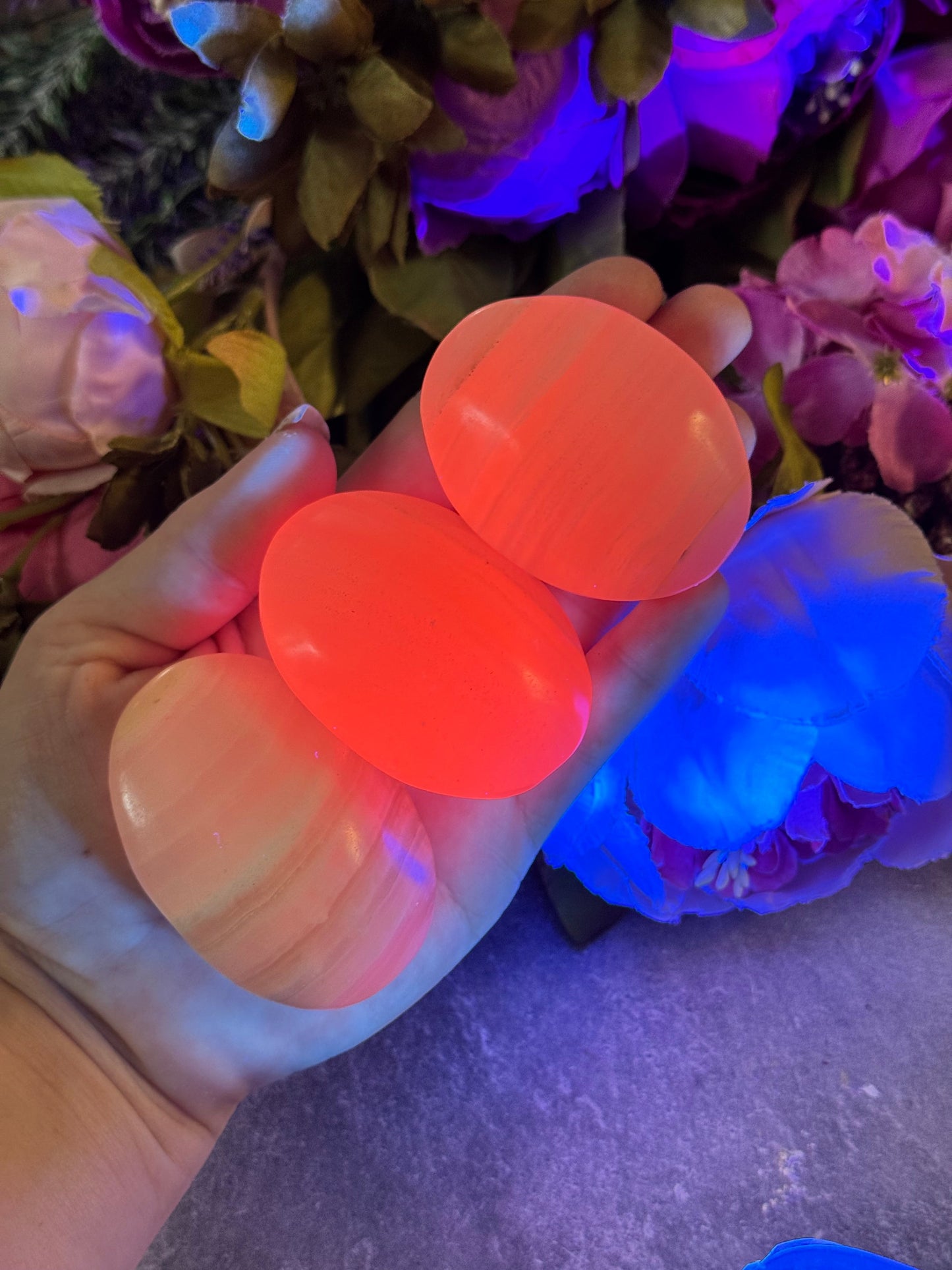 Pink Calcite Palm Stones, UV Reactive, Glows Pink, Fluorescent Minerals