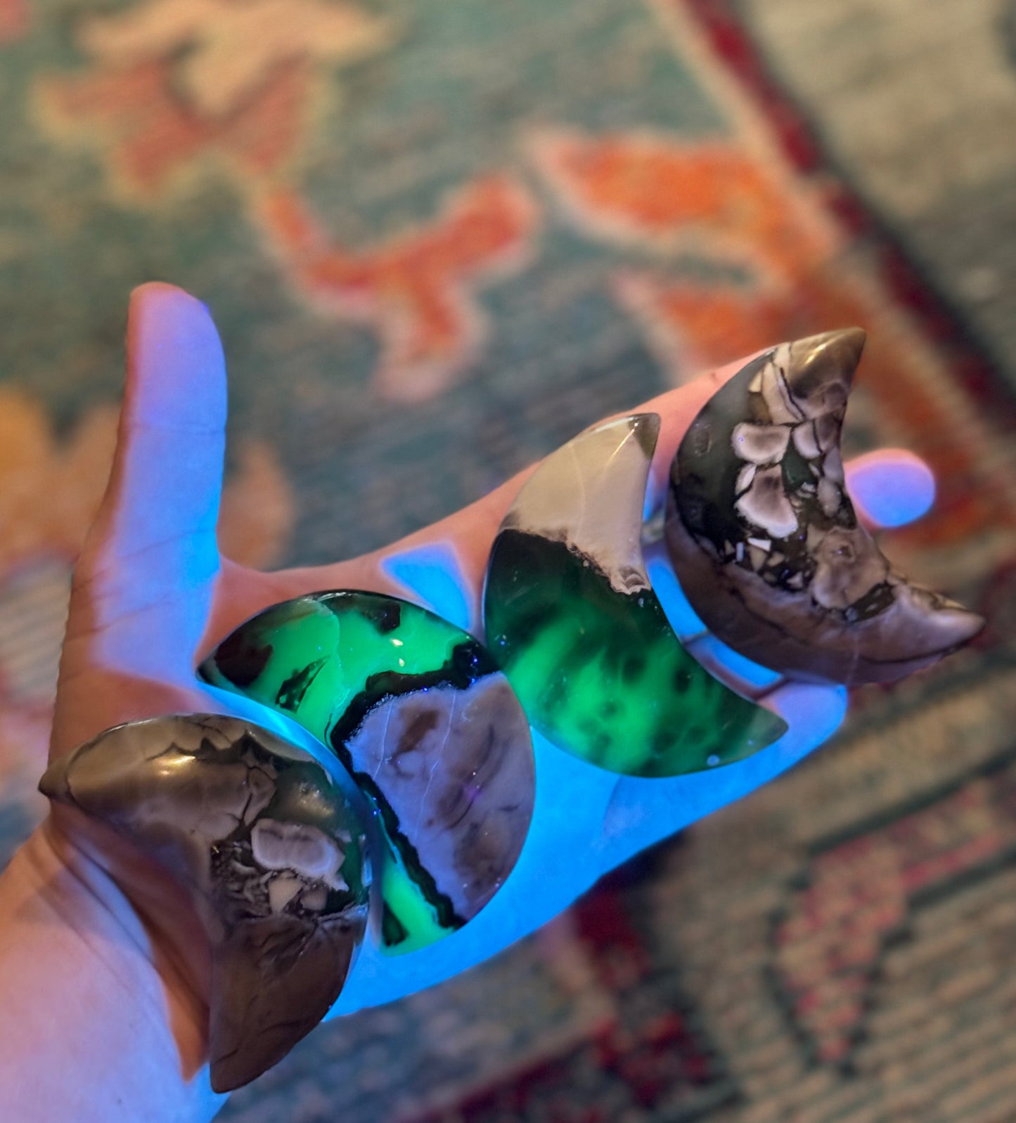 Volcano Agate Crescent Moon, UV Green Fluorescent Minerals