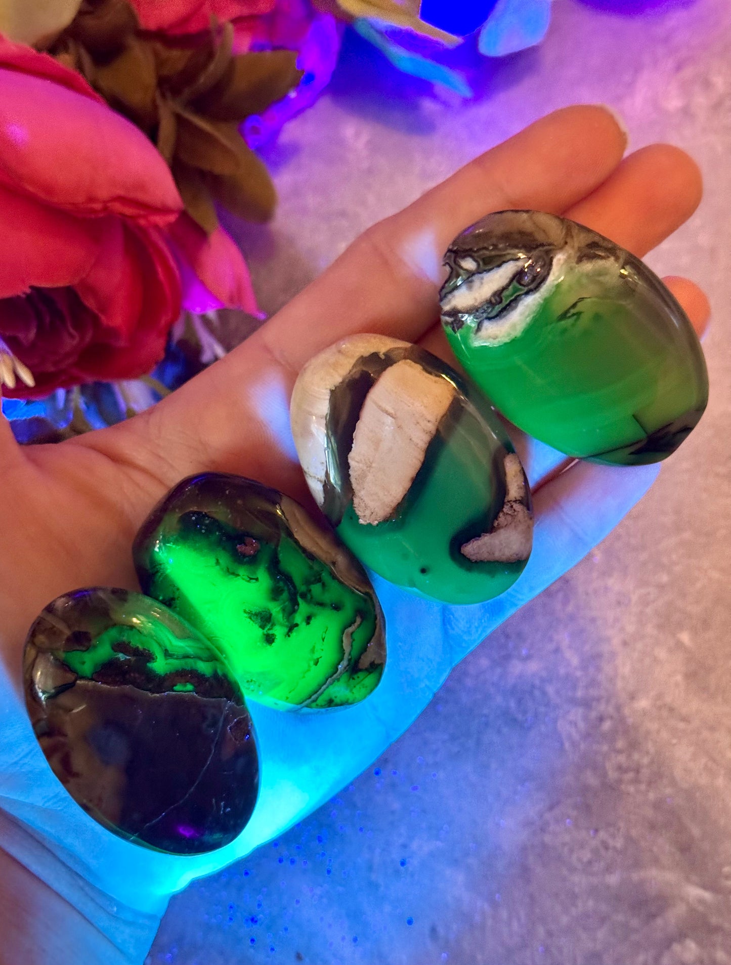 Volcano Agate Palmstones, Green Fluorescent Minerals, UV Crystals