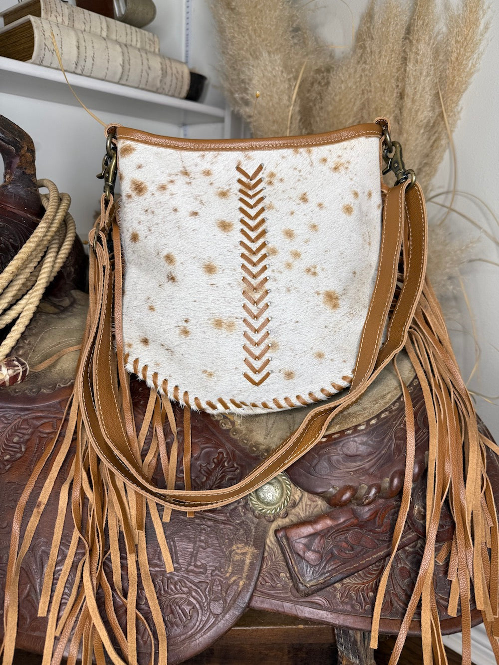 Brown Cowhide Fringed Myra Hairon Bag