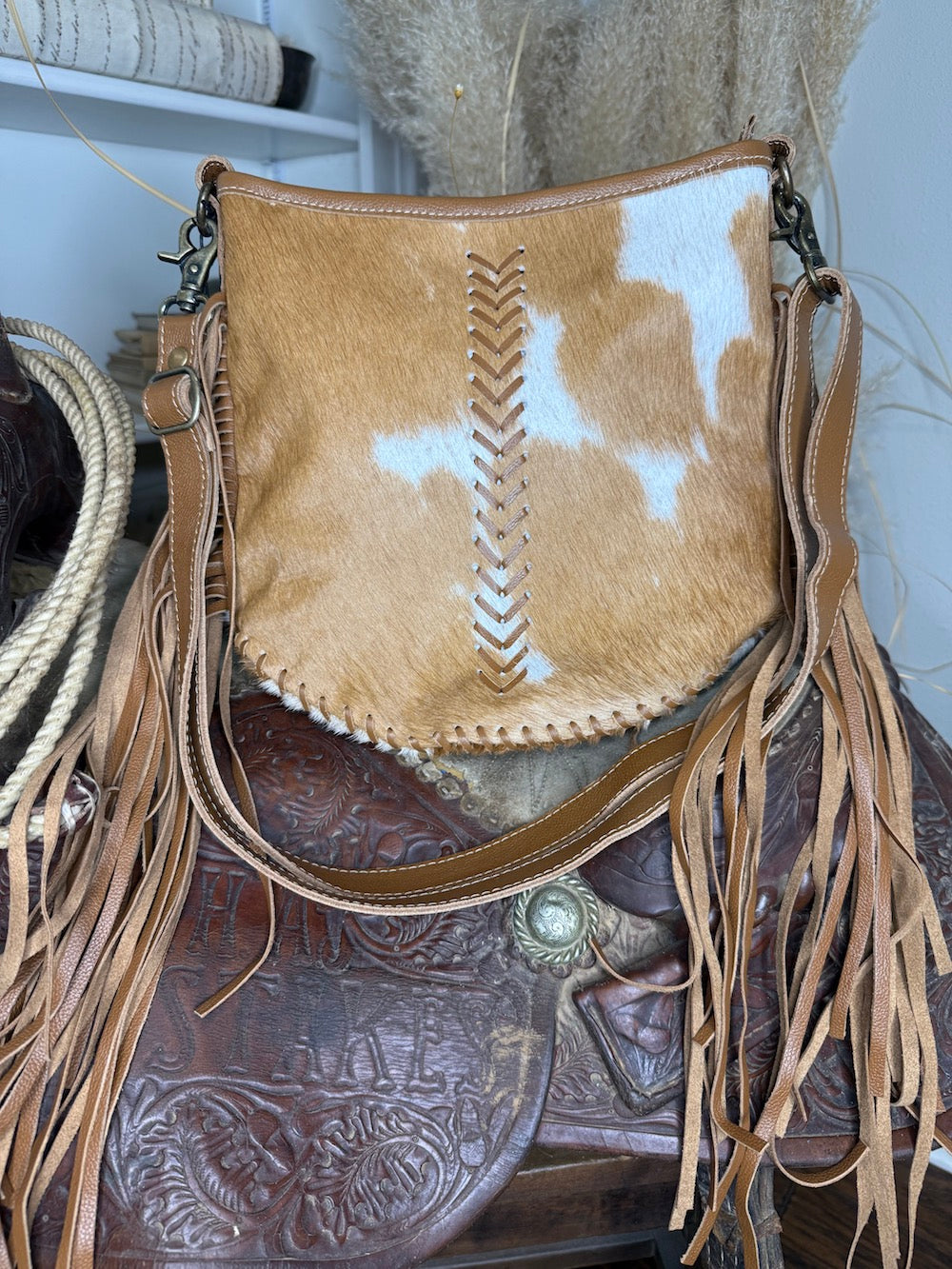 White & Brown Fringed Maya Hairon Bag