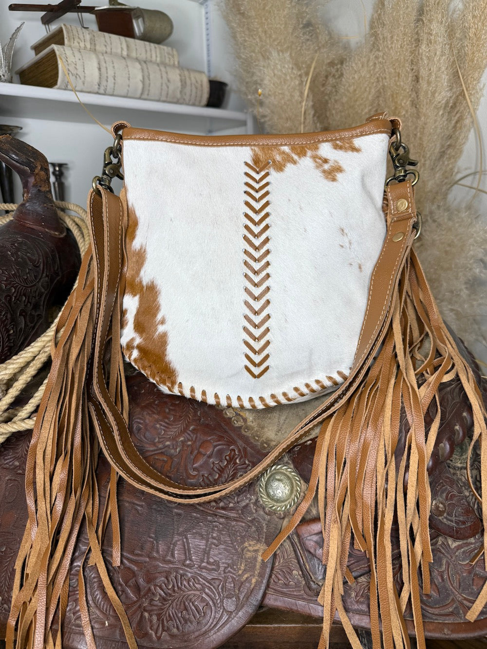 Brown & White Maya Hairon Fringe Draped Bag