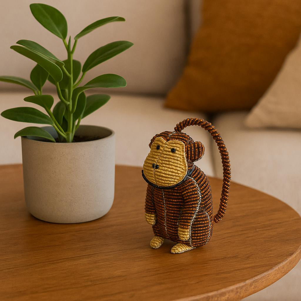 Handmade Beaded Baby Monkey – Haitian Artisan Animal Figurine.