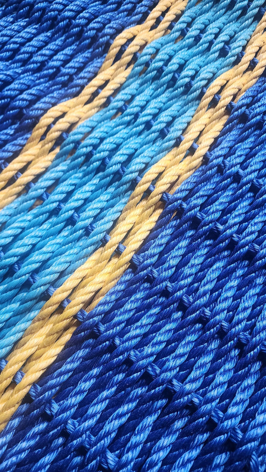 Rope Mat made with Lobster Rope, Two Tone Blue, Yellow accent Little Salty Rope