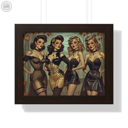 Spooky Beauties Retro Glam Framed Poster, Vintage Halloween Decor, Pin-Up Style Rose Meow