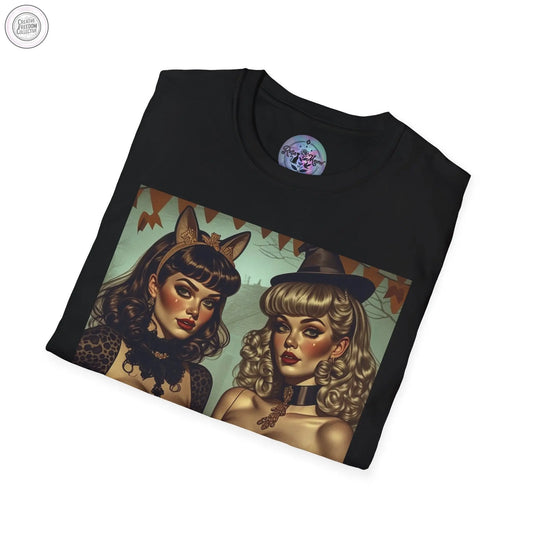 Spooky Beauties Retro Pin-up Couple | Vintage Aesthetic Tee Rose Meow