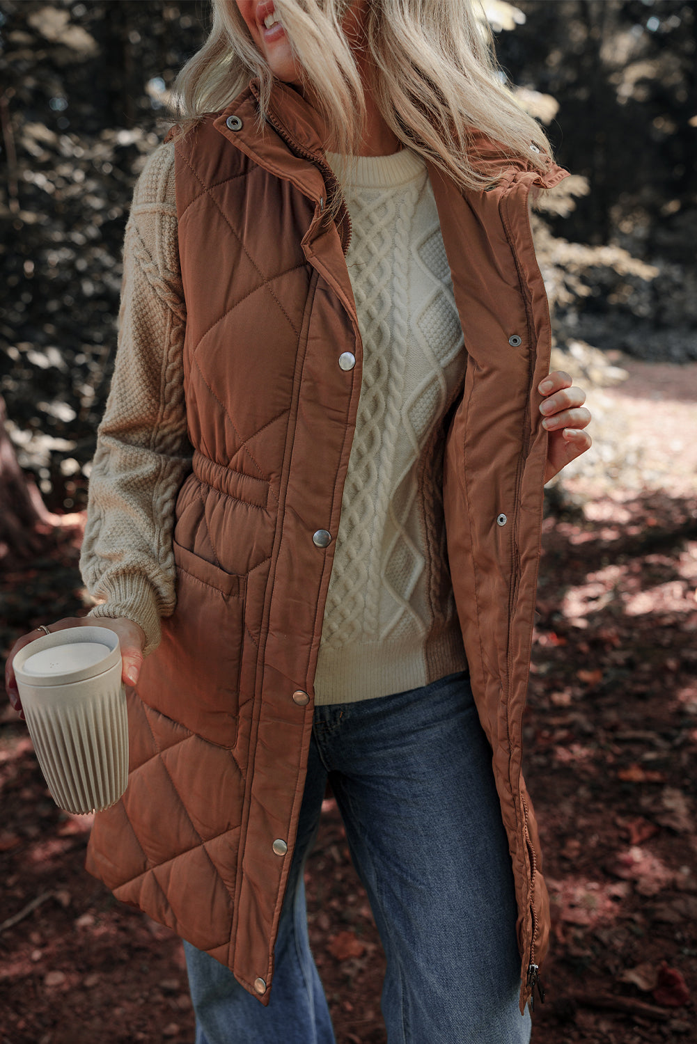 Coffee Puffer Quilted Stand Collar Pocketed Vest Coat Shewin