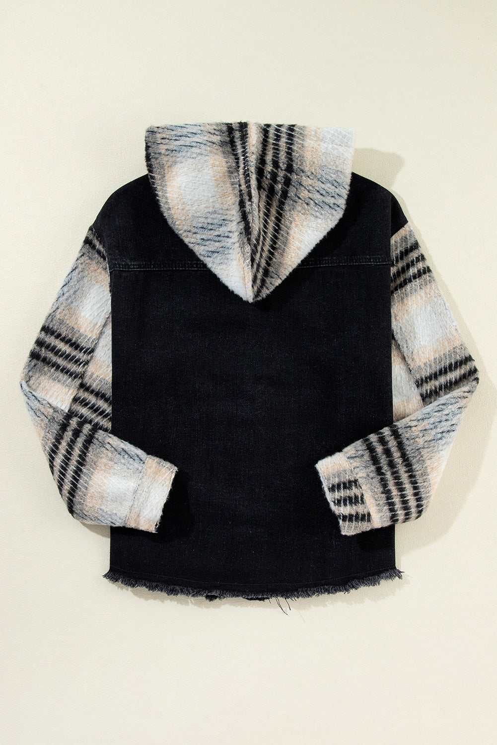 Black Patchwork Plaid Sleeve Frayed Hem Hooded Denim Jacket Shewin