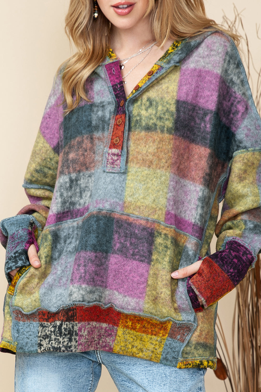 Multicolor Brushed Check Kangaroo Pocket Thumbholes Henley Hoodie Shewin
