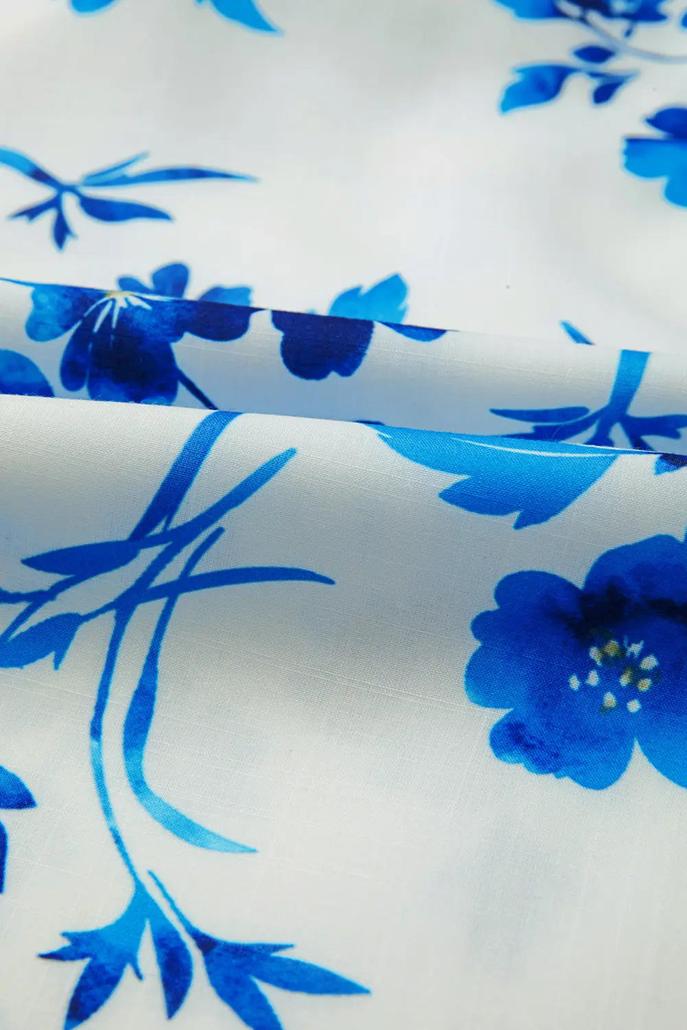 Blue Floral Long Sleeve Lace-up V Neck Blouse Shewin