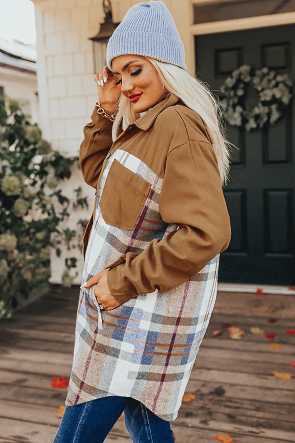 Khaki Plaid Patchwork Long Sleeve Jacket Shewin