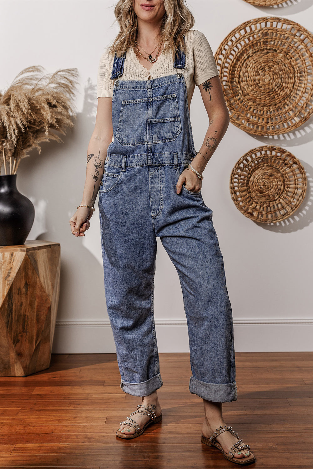 Sail Blue Straight Leg Pockets Denim Bib Overall Shewin