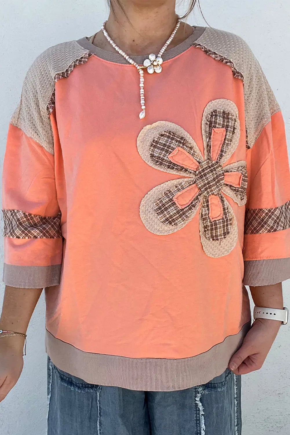 Grapefruit Orange Plaid Waffle Flower Patchwork Bracelet Sleeve Top Shewin