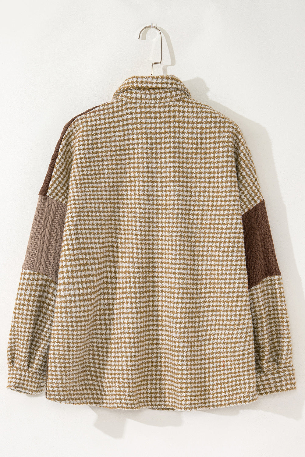 Khaki Houndstooth Textured Patchwork Loose Shacket Shewin