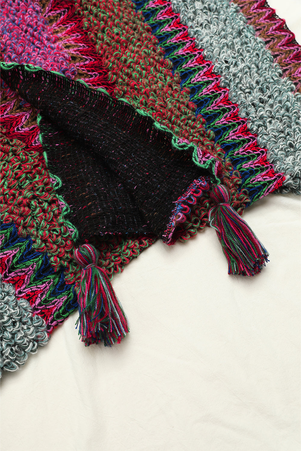 Rose Red Ethnic Tassel Knit Poncho Shewin