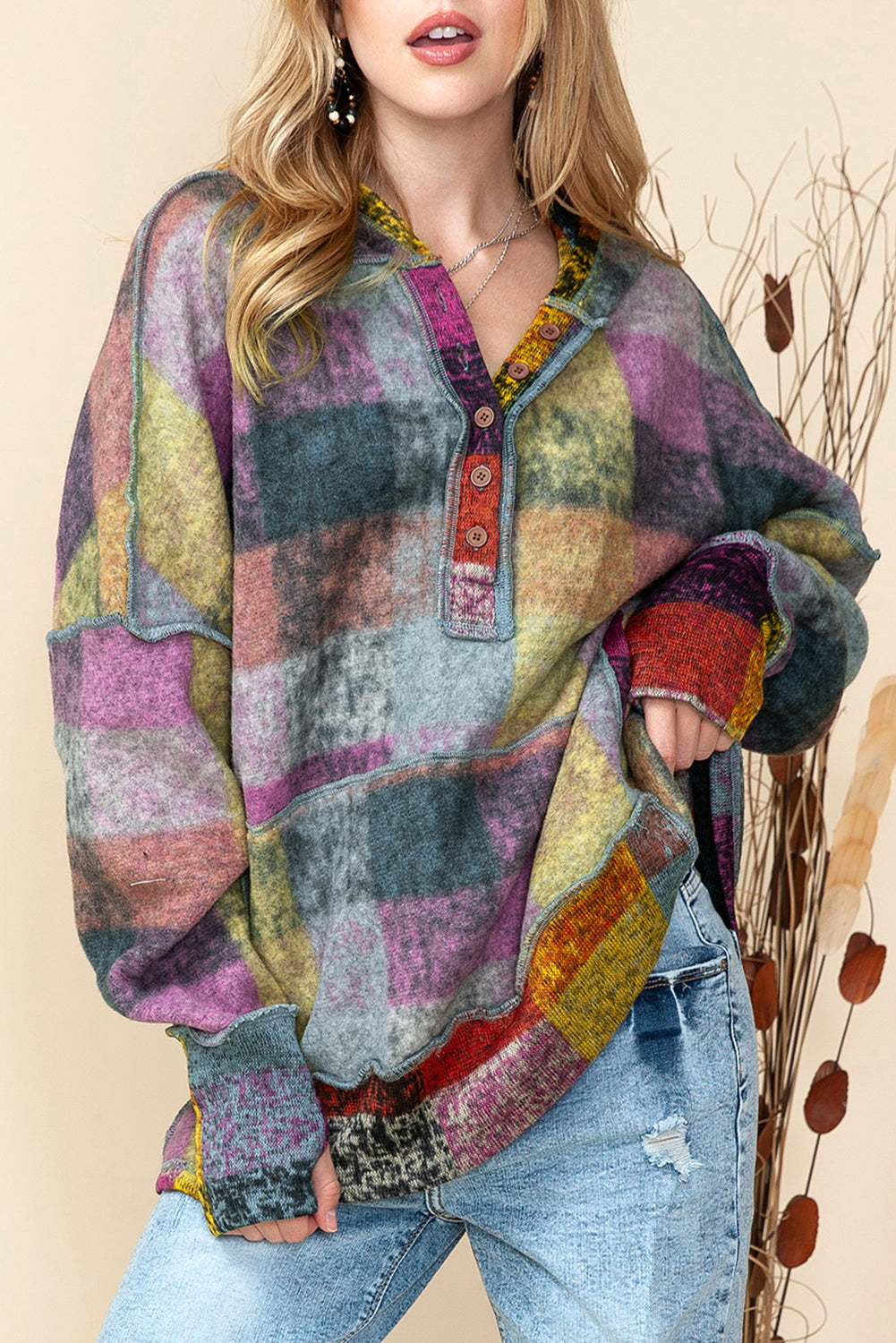 Multicolor Brushed Check Kangaroo Pocket Thumbholes Henley Hoodie Shewin