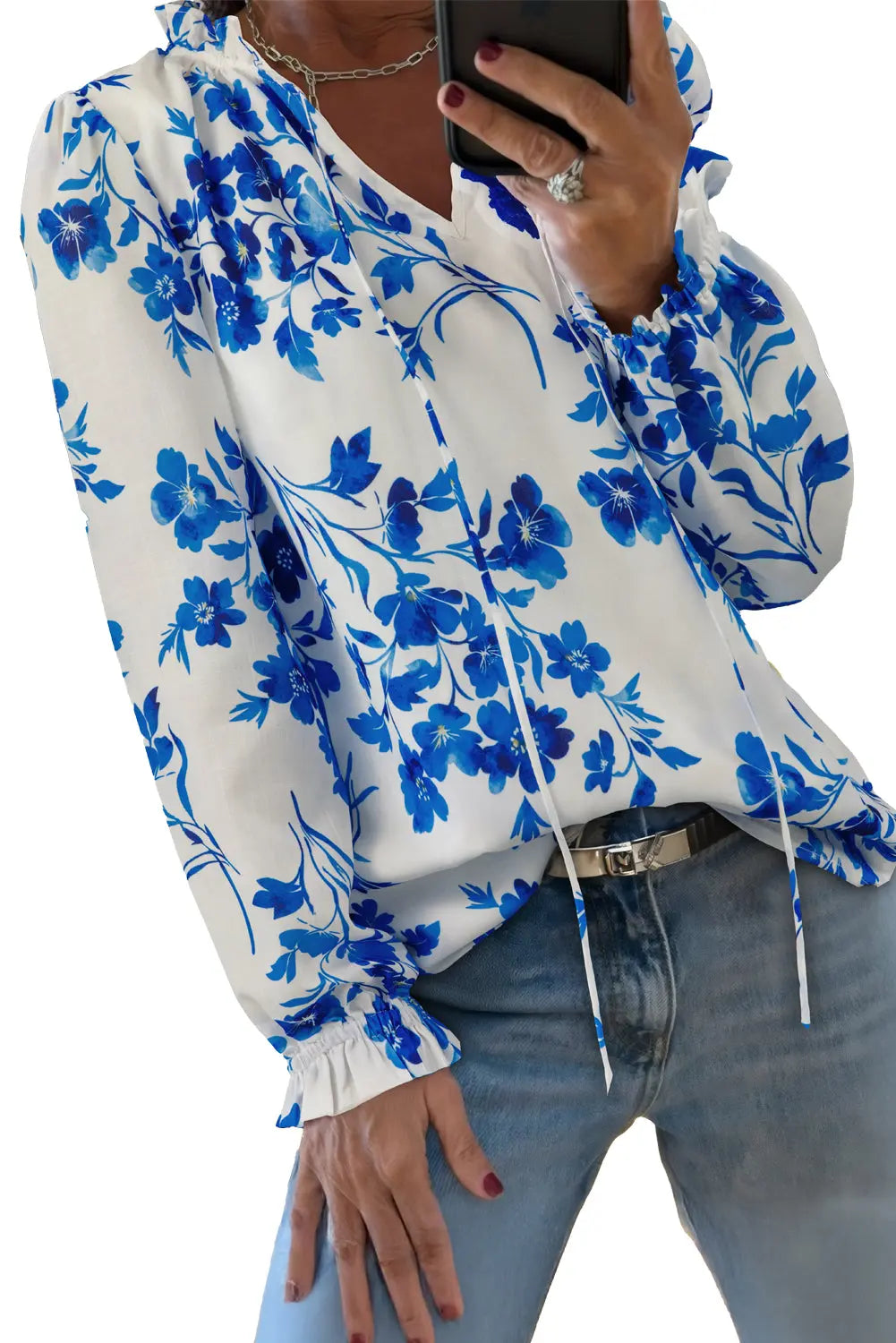 Blue Floral Long Sleeve Lace-up V Neck Blouse Shewin