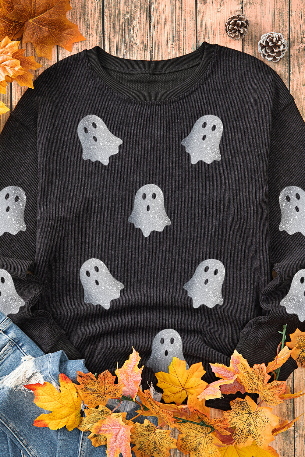 Black Halloween Ghost Corded Crew Neck Loose Sweatshirt Shewin