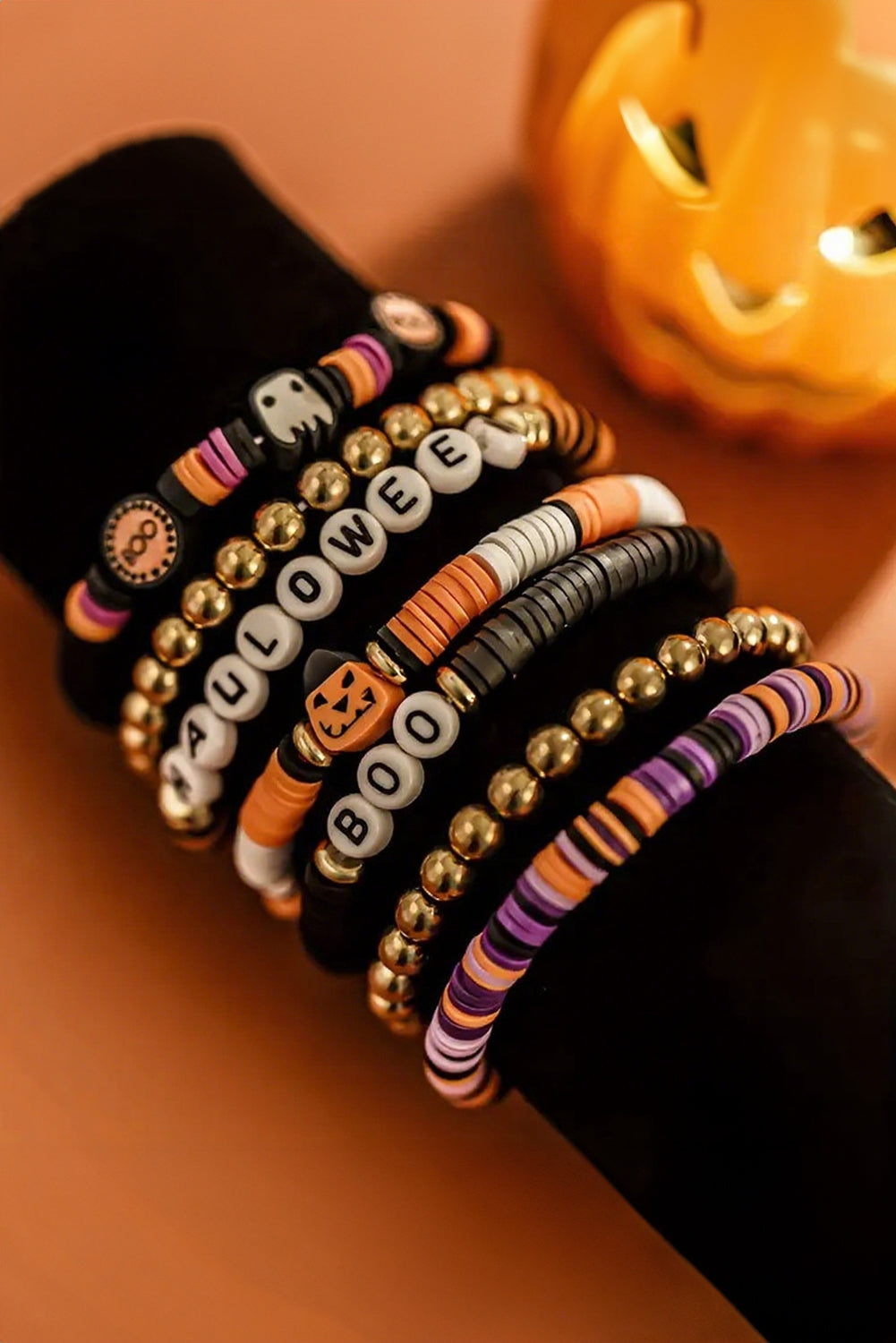 Russet Orange Playful 7pcs Halloween Beaded Bracelet Set Shewin