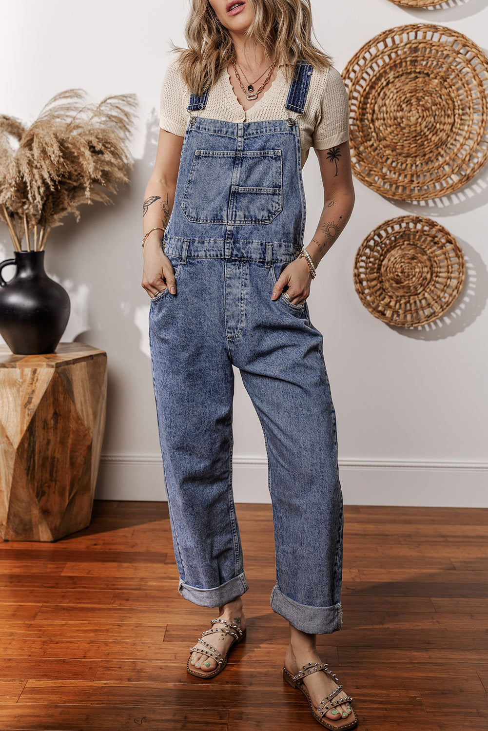 Sail Blue Straight Leg Pockets Denim Bib Overall Shewin