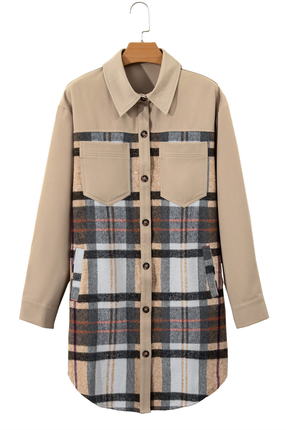 Khaki Plaid Patchwork Long Sleeve Jacket Shewin