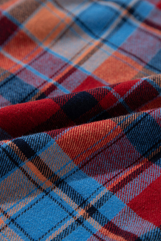 Red Plaid Print Long Sleeved Loose Cotton Collar Shirt Shewin