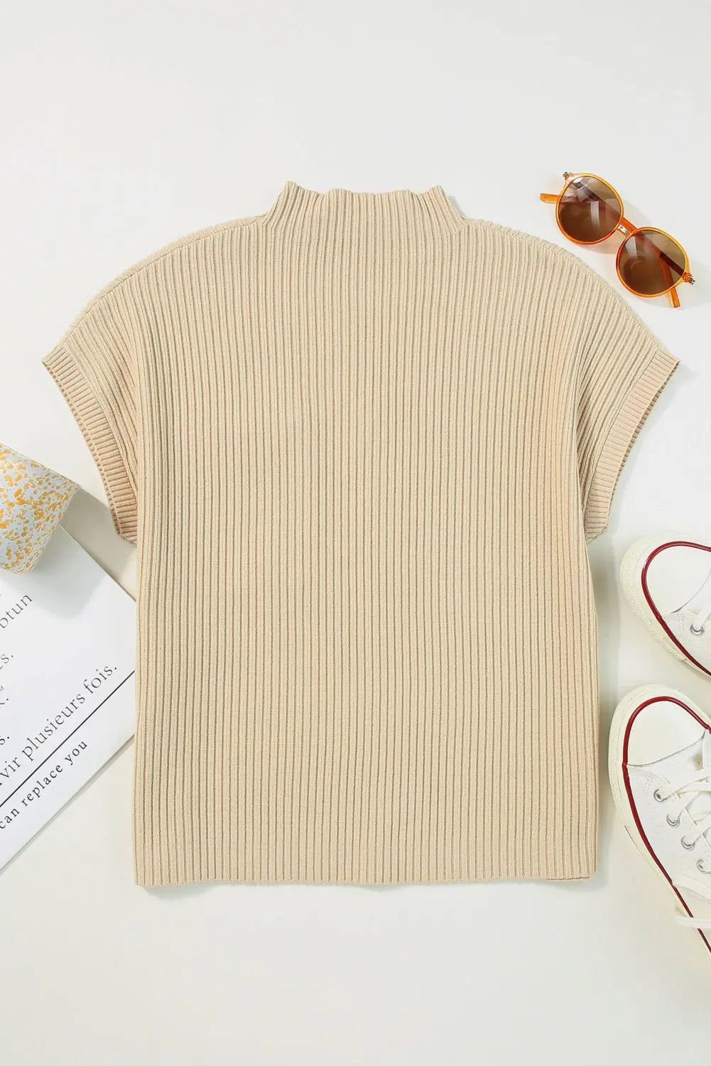 Gold Flame Patch Pocket Ribbed Knit Short Sleeve Sweater Shewin