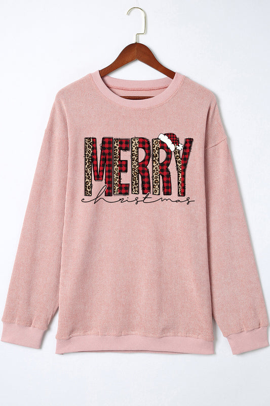 Pink MERRY Christmas Plaid Leopard Heat Transfer Printing Corded Sweatshirt