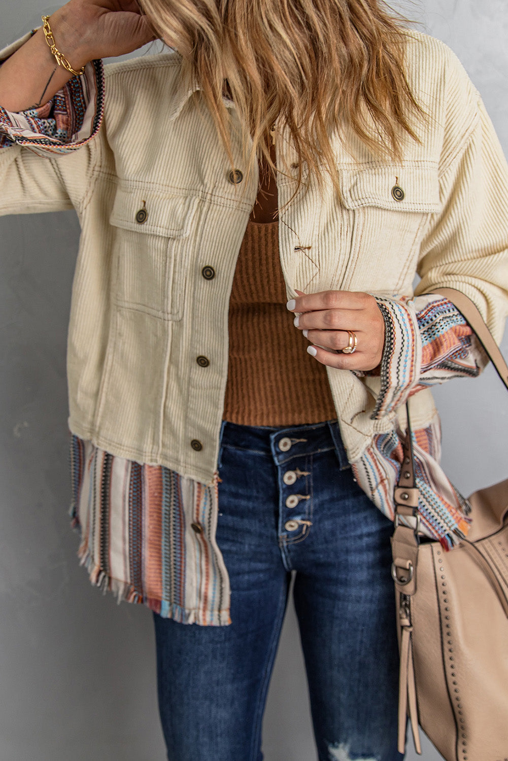 Beige Button Up Pockets Striped Color Block Corduroy Jacket Shewin