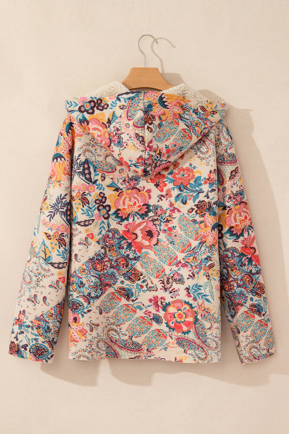 Beige Vintage Paisley Floral Printed Sherpa Lined Hooded Jacket Shewin