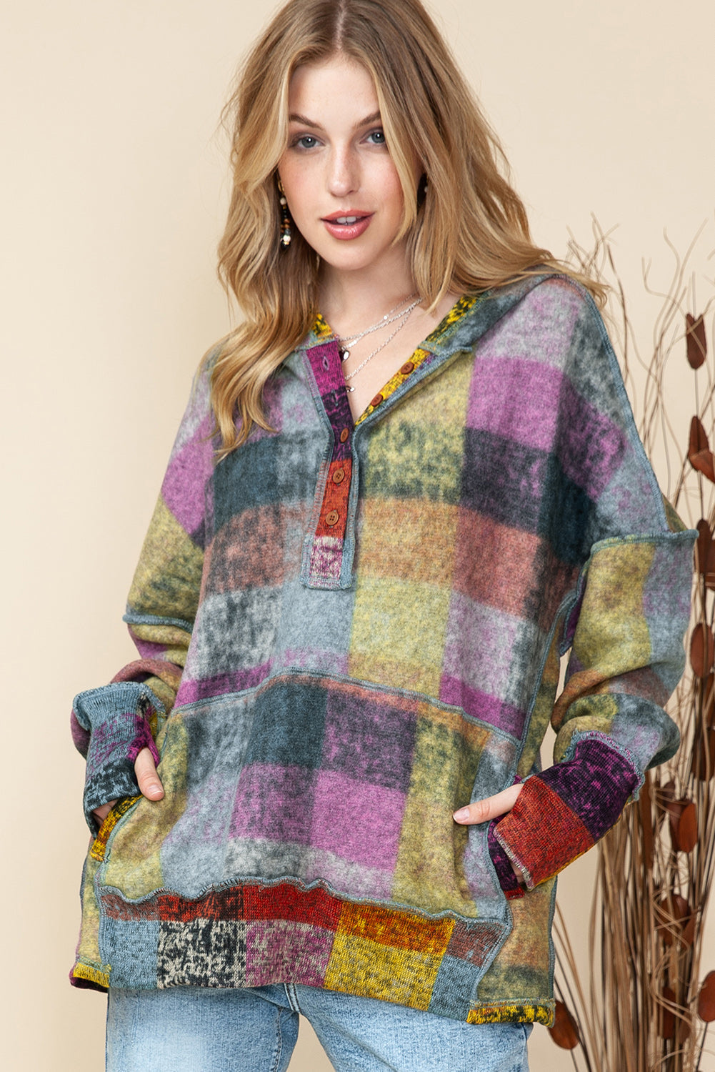 Multicolor Brushed Check Kangaroo Pocket Thumbholes Henley Hoodie Shewin