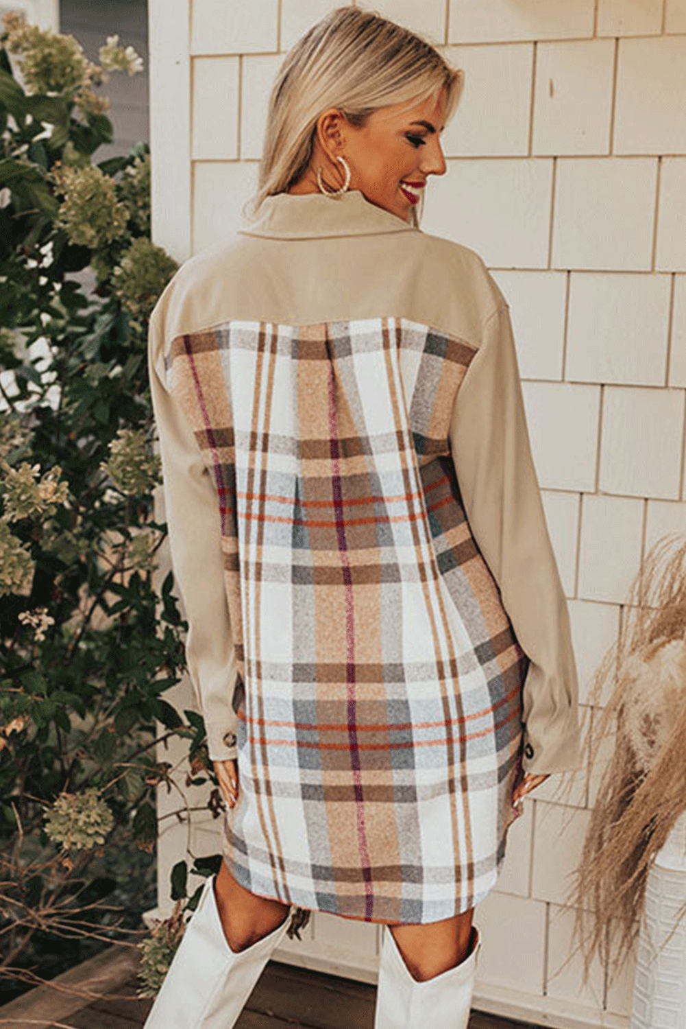Khaki Plaid Patchwork Long Sleeve Jacket Shewin