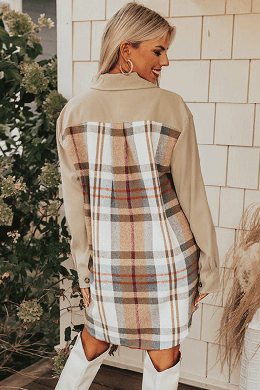 Khaki Plaid Patchwork Long Sleeve Jacket Shewin