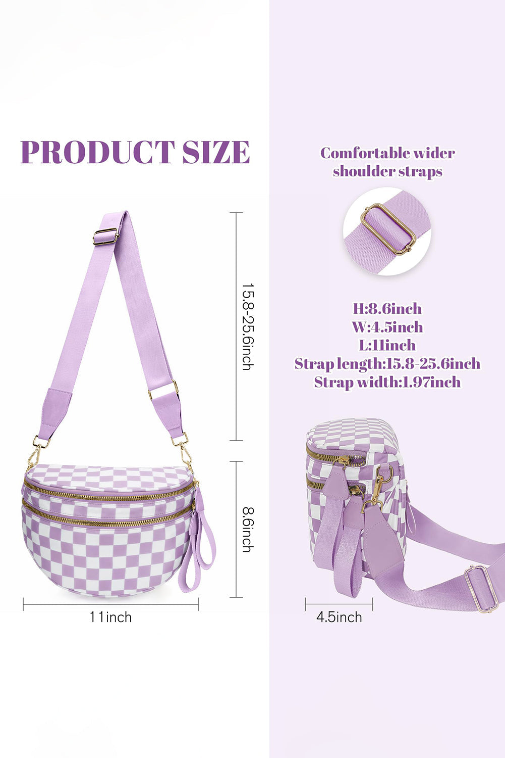 Checkered Print Wide Strap Large Crossbody Bag Shewin